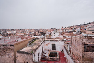 Obraz premium View of Fez City from the roof top terrace. Fes el Bali Medina, Morocco, Africa.