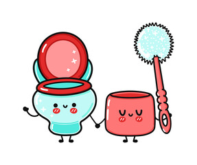 Cute, funny happy toilet and  toilet brush character. Vector hand drawn cartoon kawaii characters, illustration icon. Funny cartoon toilet and  toilet brush friends concept