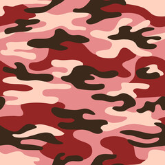 Seamless classic camouflage pattern. Camo fishing hunting vector background. Masking red brown pink color military texture wallpaper. Army design for fabric paper vinyl print