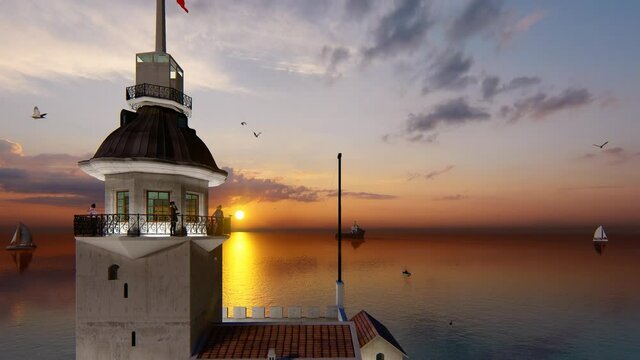 View of the Maiden's Tower or Leander's Tower also known as Kız Kulesi. Sunset sky, Sunny summer  day in Istanbul. Panorama of Bosporus, Turkey. 3D Animation.