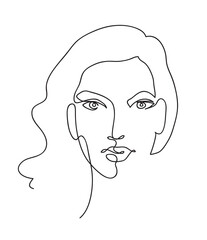 Beautyfull girl face. Attractive young woman portrait female beauty concept. Continuous line drawing. Black and white vector illustration