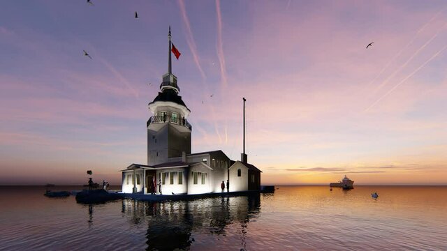 View of the Maiden's Tower or Leander's Tower also known as Kız Kulesi. Sunset sky, Sunny summer  day in Istanbul. Panorama of Bosporus, Turkey. 3D Animation.