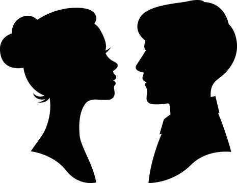 Vector illustration of silhouette man and woman portrait in profile. Male and female head on a white background side view.