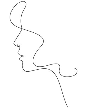 Woman profile with long hair. Portrait female beauty concept. Line drawing vector illustration