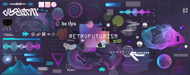Retrofuturistic 3D trendy collection. Trendy elements in vaporwave style from 80s-90s. Old wave cyberpunk concept. Shapes design elements for disco genre, retro party. Neon glitch shapes. Vector set - obrazy, fototapety, plakaty