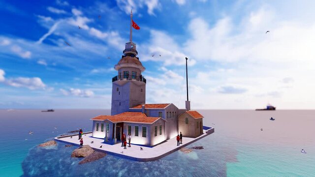 View of the Maiden's Tower or Leander's Tower also known as Kız Kulesi. Sunny summer day in Istanbul. Panorama of Bosporus, Turkey. 3D Animation.