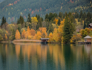 autumn landscape with lake and mountains