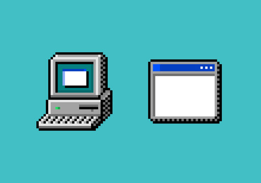 pixel art retro computer monitor with keyboard and opened application and program window terminal, icon asset on blue background