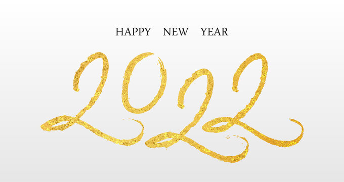 Gold lettering 2022 and Happy New Year. Luxury golden text with bright sparkles. Lettering numbers 2022 for Happy New Year and Marry Christmas. X-mas poster, card, banner. Vector graphic template