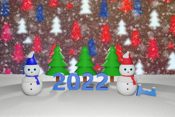 2022 新年を迎える雪だるま　Happy New Year 2022