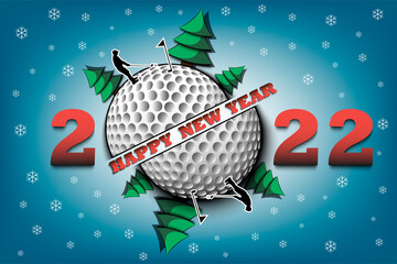 Happy new year. 2022 with golf ball, Christmas trees and golf player. Original template design for greeting card, banner, poster. Vector illustration on isolated background