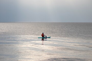 Naklejka premium A man rowing surf board at sunset
