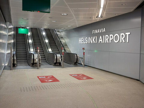 Helsinki / Finland - OCTOBER 1, 2020: The Helsinki international airport, operated by Finavia, has been nearly empty during the coronavirus Covid-19 pandemic.