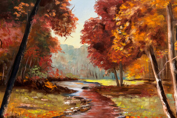 Naklejka na ściany i meble Fragment of Vintage Forest Creek Autumn Landscape Oil Painting