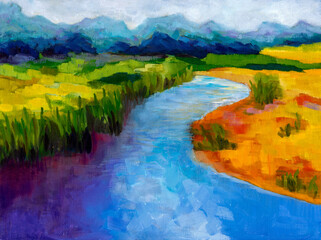Contemporary expressionism oil painting depicting a landscape with fields. river, and mountains. - obrazy, fototapety, plakaty