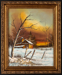 Framed oil painting of an old barn house at sunset winter landscape. Christmas Holiday concept.