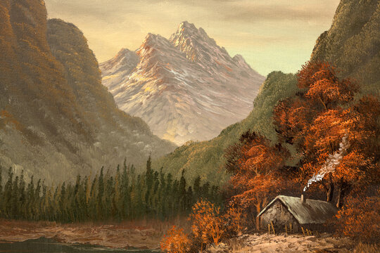 Fragment of vintage oil painting depicting a small cabin house near a lake and woods.