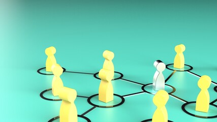 Obraz premium Chain of yellow human figurines connected by silver lines on green plate. Cooperation and interaction between people and employees. Dissemination of information in society, rumors. 3D illustration.