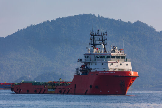Point of view image of Offshore Oil & Gas supply vessels ship in Kota Kinabalu, Sabah, Malaysia