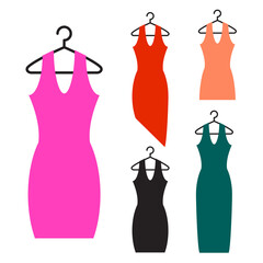 Dress hanging on hanger, isolated on white background, vector illustration.