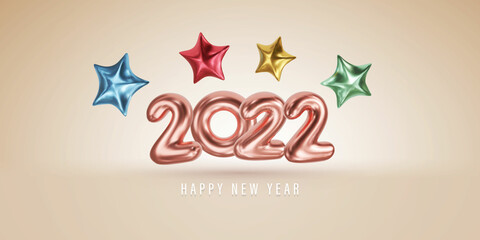 Happy New 2022 Year, rose gold number balloons and colorful stars modern design vector illustration
