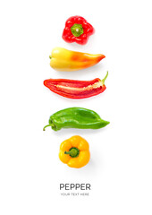 Creative layout made of peppers on the white background. Flat lay. Food concept.