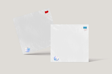 Blank Square CD Record Cover Package Envelope Template Mock Up with Transparent plastic wrap texture overlay effect