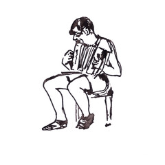 Street musician with accordion graphic monochrome sketch, travel sketch