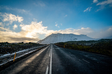 The sunsets on a mountain road in Iceland.