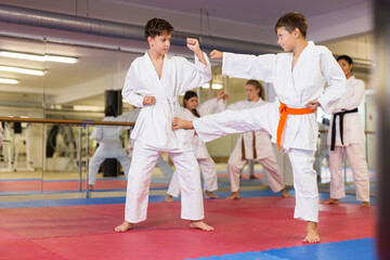 Kids in kimonos exercising techniques in pair during taekwondo class at gym