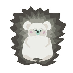 Minimalistic funny hedgehog in cartoon style sits with folded paws. Isolated vector illustration in pastel beige tones for posters, postcards, wrapping paper, printing on children's clothing and texti