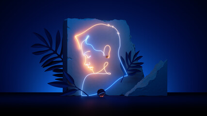 3d render. Abstract woman profile portrait glowing with yellow blue neon light. Linear art with broken cobble stones, concrete blocks, rocks and tropical leaves. Futuristic minimal fashion scene © wacomka