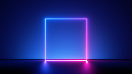 3d render, abstract blue background with glowing neon square, blank rectangular frame. Simple geometric shape. Laser line with pink blue gradient light