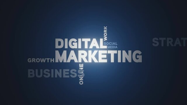 Digital marketing kinetic typography with glossy white and light blue words on dark blue gradient background.