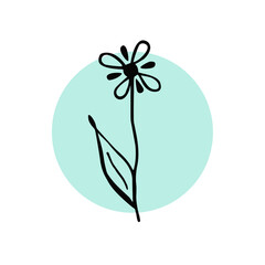 Flower hand drawn, black silhouette on green circle and white background. Design element, vector