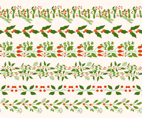 Christmas and New year seamless border set. Winter branch endless horizontal pattern brush. Plant hand drawn laurel, leaf festive xmas doodle vintage collection. For postcard poster textile, fabric
