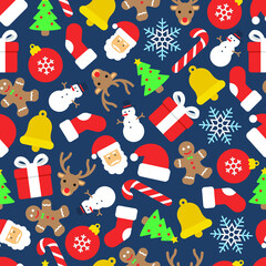 Colorful repeatable seamless pattern of Christmas icons on dark blue background.