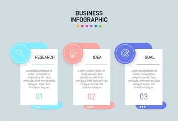 Fototapeta premium Concept of arrow business model with 3 successive steps. Three colorful graphic elements. Timeline design for brochure, presentation. Infographic design layout.