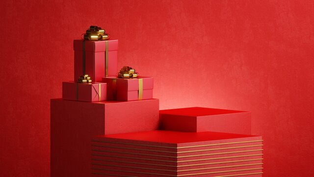 3d render. Red background with Christmas gift boxes, empty showcase for product presentation. Holiday sale