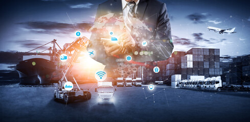 Businessman tuchching mobile of global logistic network distribution and transportation intelligent...