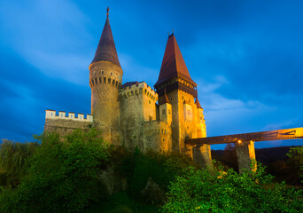 Fototapeta na wymiar Medieval Corvin Castle in south of Transylvania in night lights, Hunedoara, Romania