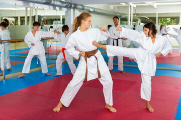 Two girls working in pair mastering new karate moves during group class with female coach © JackF