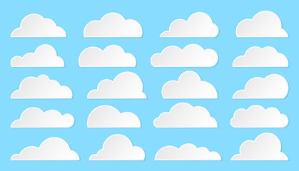 Cloud paper cut white flat set. 3D origami weather infoboard advertising postcard blank banner cloudy file storage. Sticker sale promotion info discount label icon meteorology cartoon style isolated