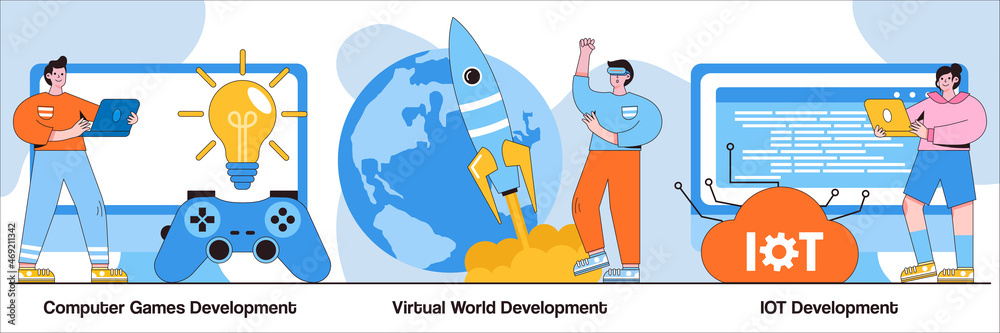 Poster computer games, virtual world and iot development concept with tiny people. programming team abstrac