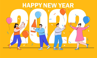 Happy New Year 2022 concept with group of people celebrating in flat design. Party with champagne glasses and balloons. Vector illustration for background, greeting card, social media banner