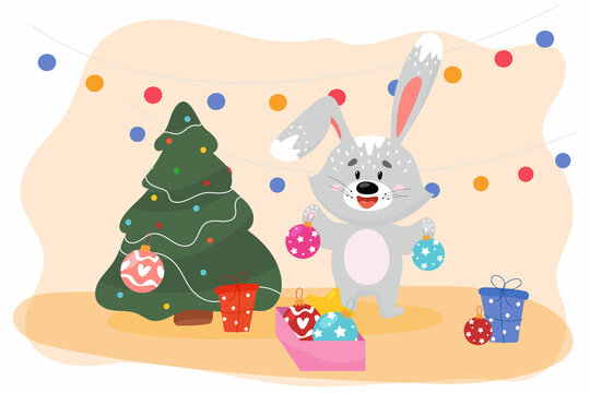 A cartoon hare decorates a Christmas tree with toys for New Year and Christmas.