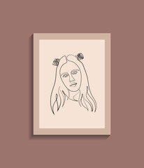 girl two bun hair one line art drawing, editable for social media post