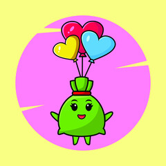 Money bag mascot cartoon is skydiving with balloon and happy gesture cute style design for t-shirt, sticker, logo element
