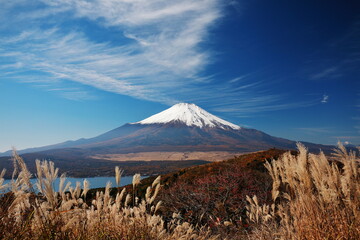 Mt. Fuji covered with snow in the blue sky in Japan