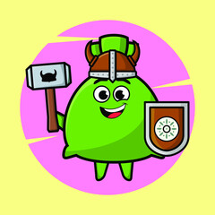 Money bag viking pirate character cartoon with hat and holding hammer and shield in cute style design for t-shirt, sticker, logo element, poster